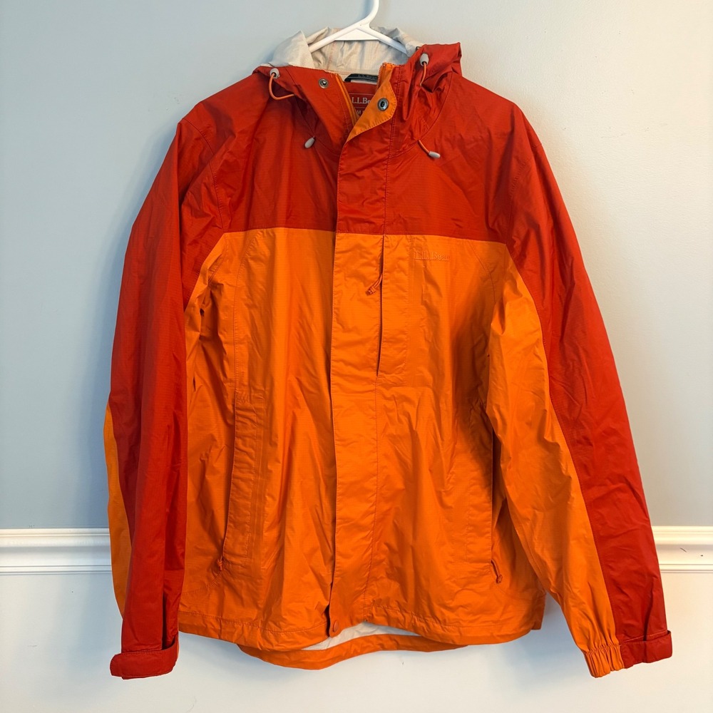 LL Bean Mens Trail Model Rain Jacket Orange Red Ripstop Packable Hooded M 268316